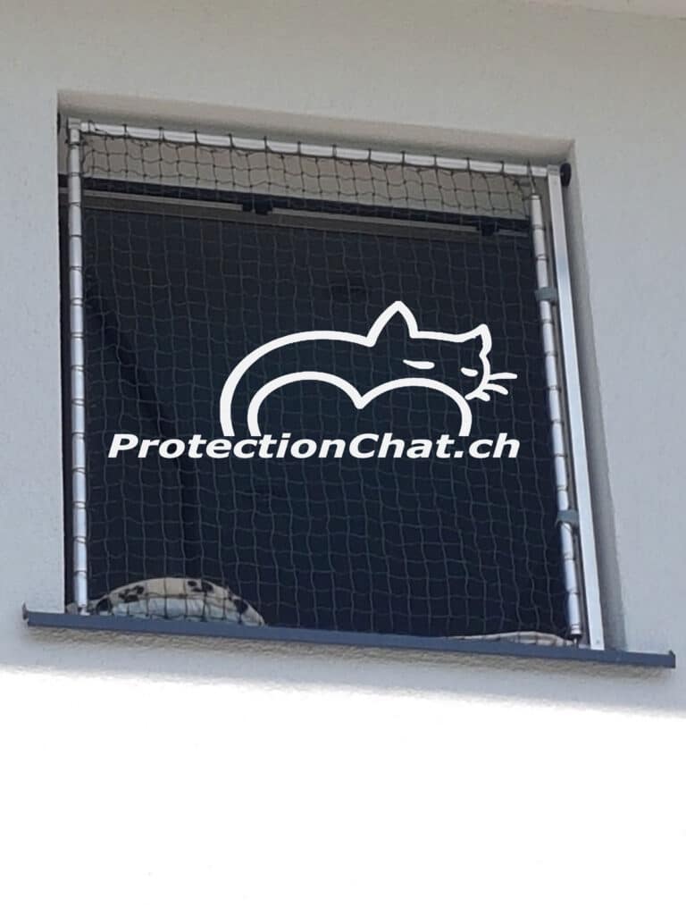 Protection Chat Cadre de securite pour chat avec filet coulissant et fixation sans percer de trous exterieur